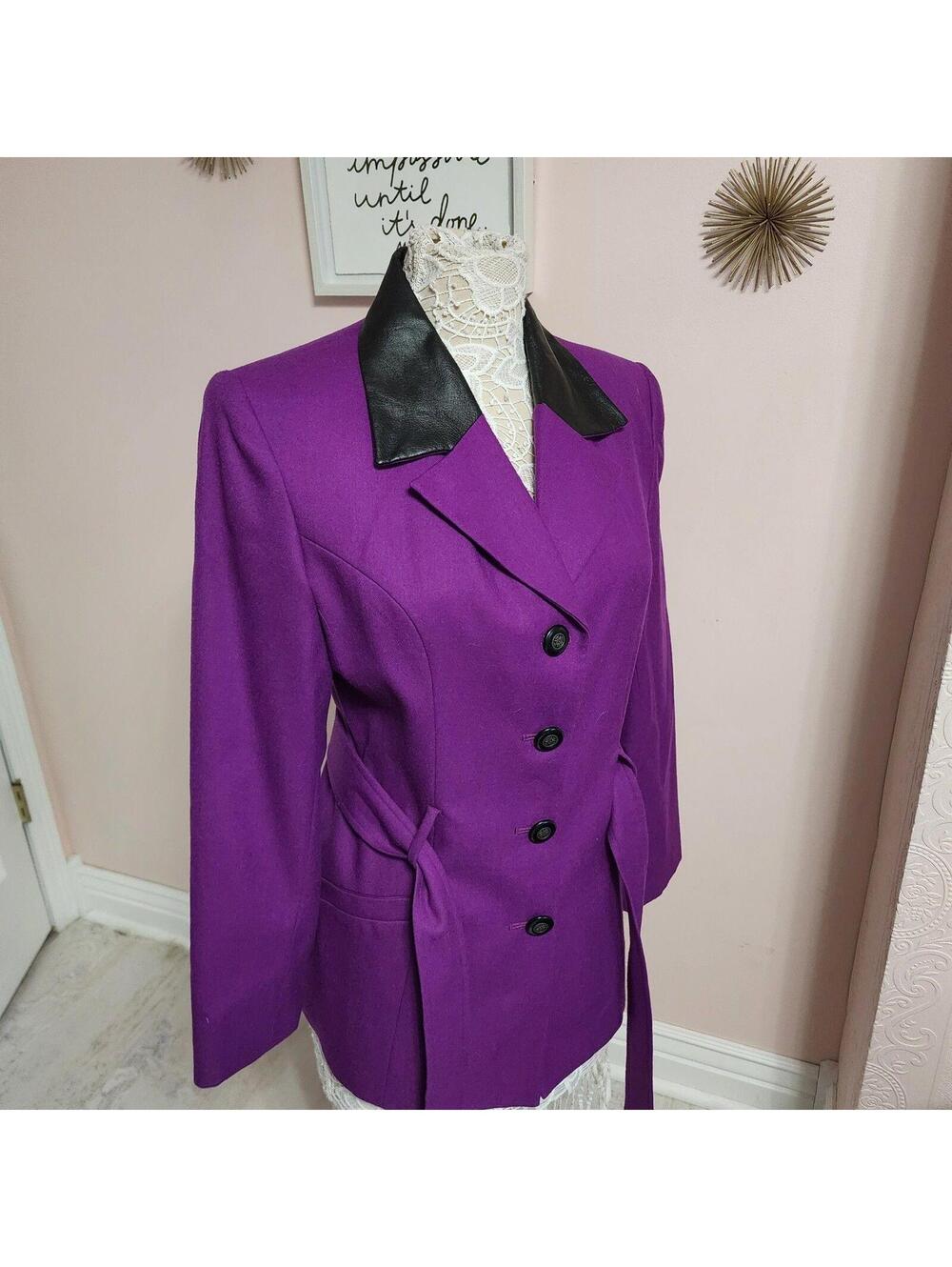 Vintage Gantos Purple Wool Belted Jacket Size 12 Faux Leather Collar Read - Picture 6 of 9